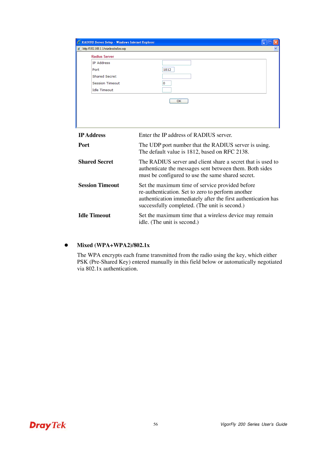 Draytek 200 manual Mixed WPA+WPA2/802.1x 