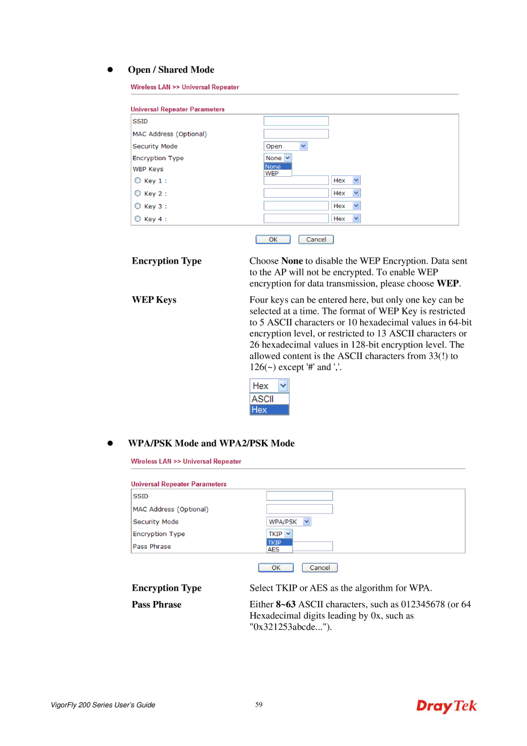 Draytek 200 manual Open / Shared Mode Encryption Type, WEP Keys, WPA/PSK Mode and WPA2/PSK Mode Encryption Type 