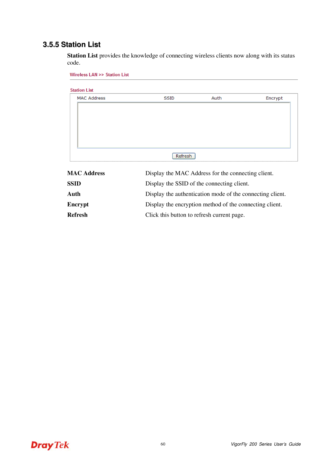 Draytek 200 manual Station List, Display the Ssid of the connecting client 