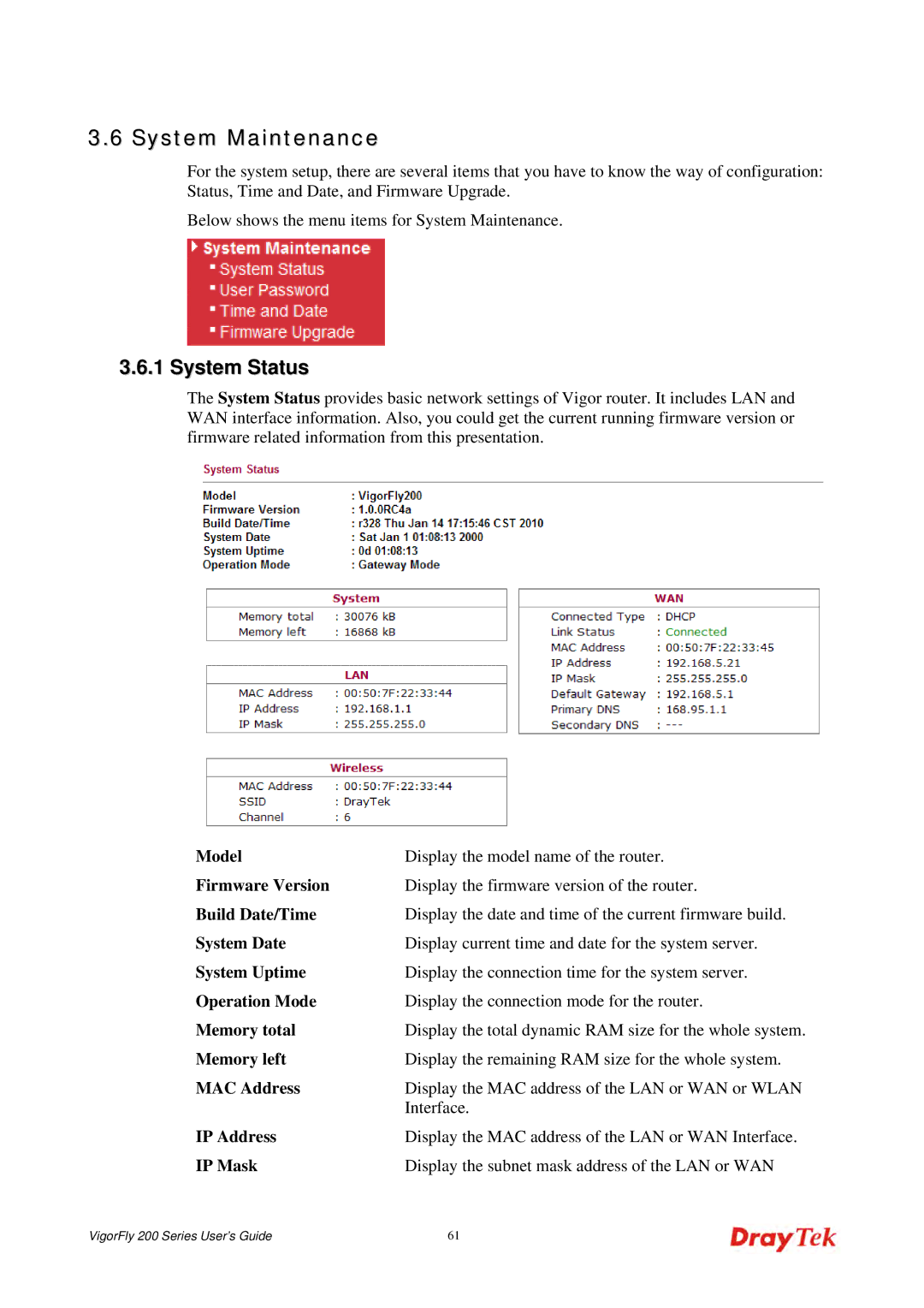 Draytek 200 manual System Maintenance, System Status 