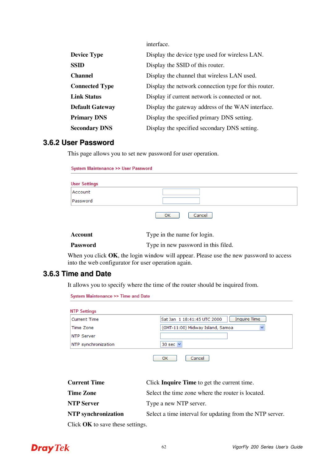 Draytek 200 manual User Password, Time and Date, Device Type, Connected Type, Link Status 