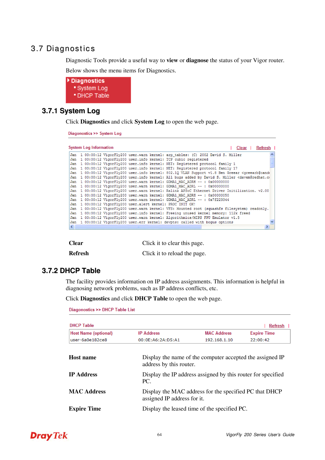 Draytek 200 manual Diagnostics, System Log, Dhcp Table 