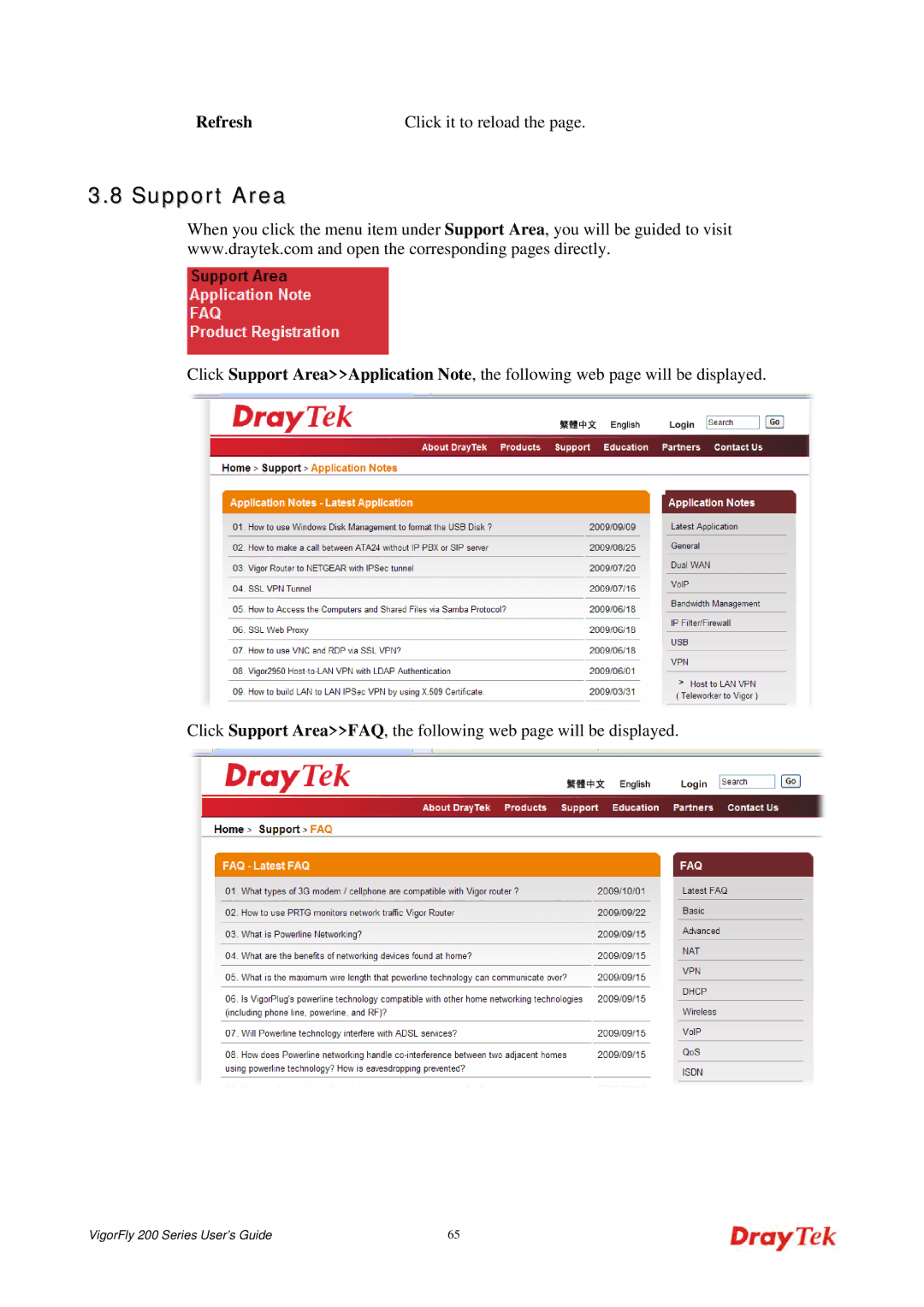 Draytek 200 manual Support Area, Refresh Click it to reload 