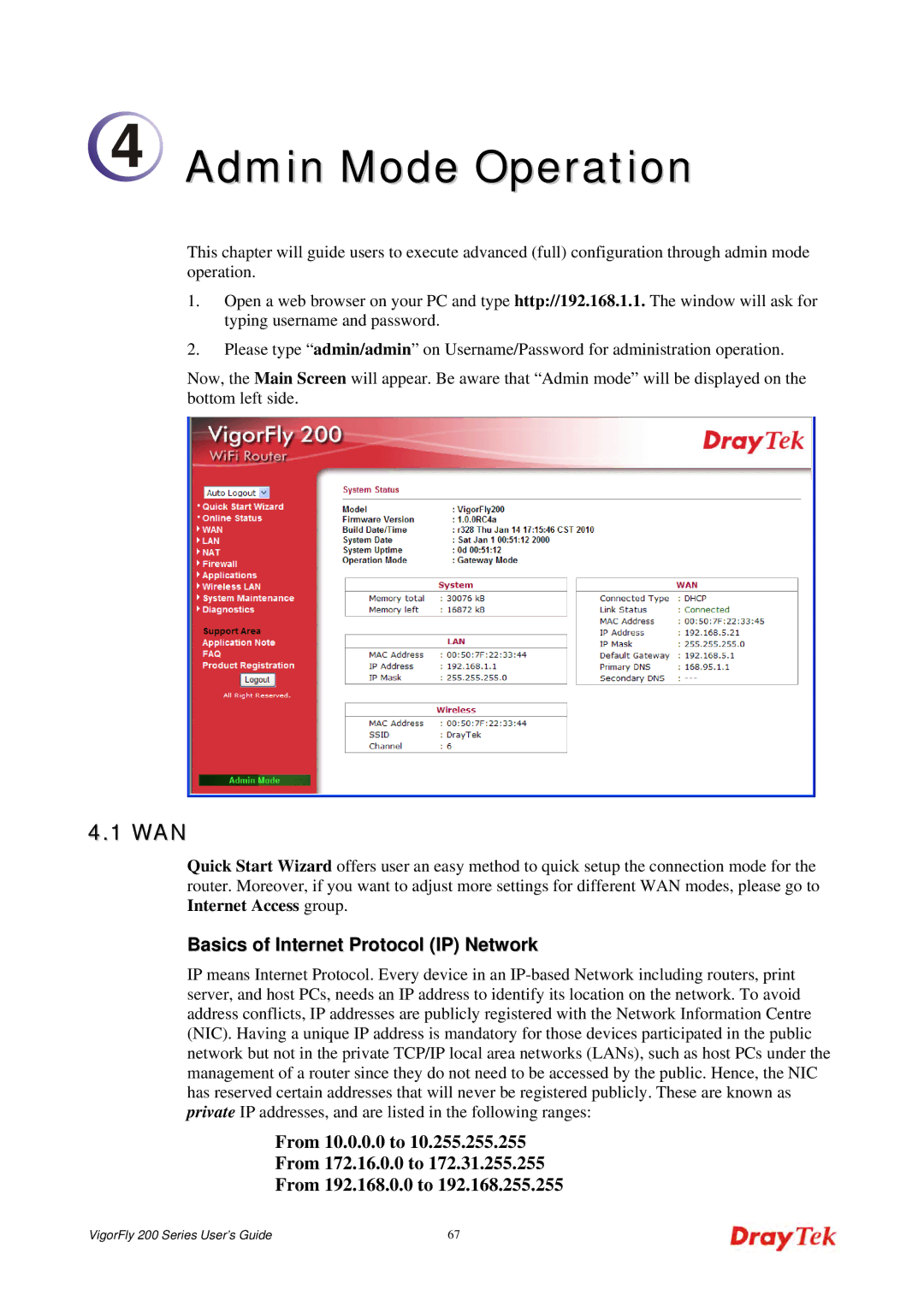 Draytek 200 manual Admin Mode Operation 