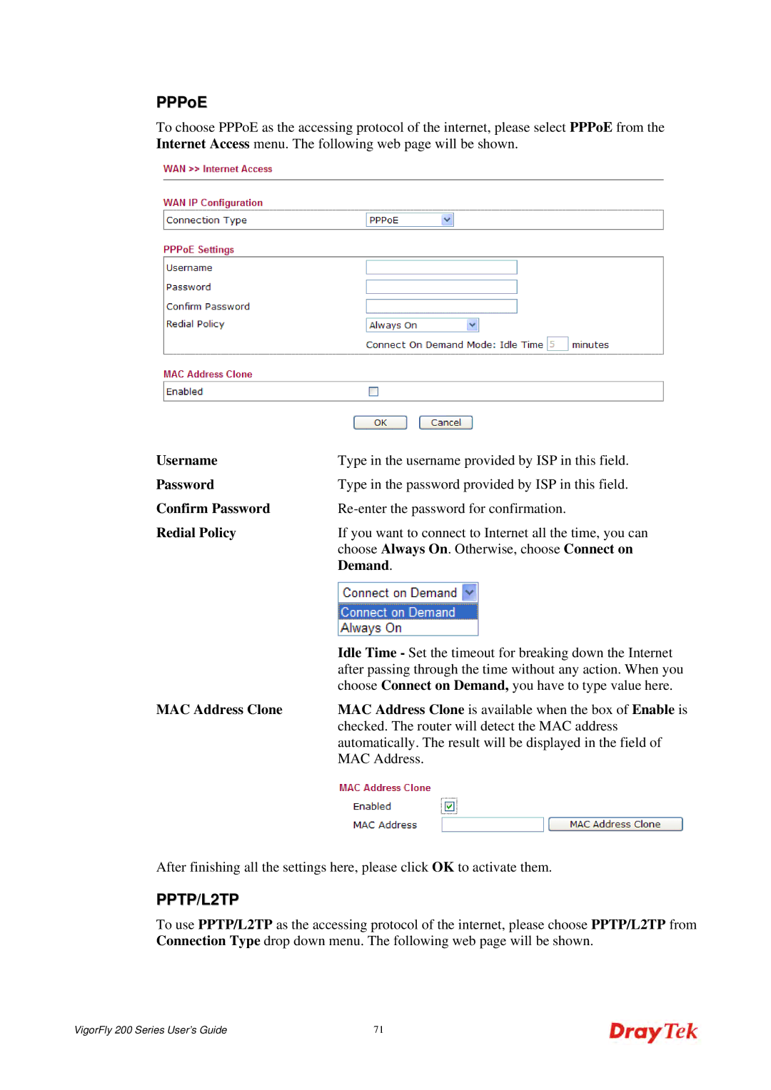 Draytek 200 manual PPPoE, Confirm Password 