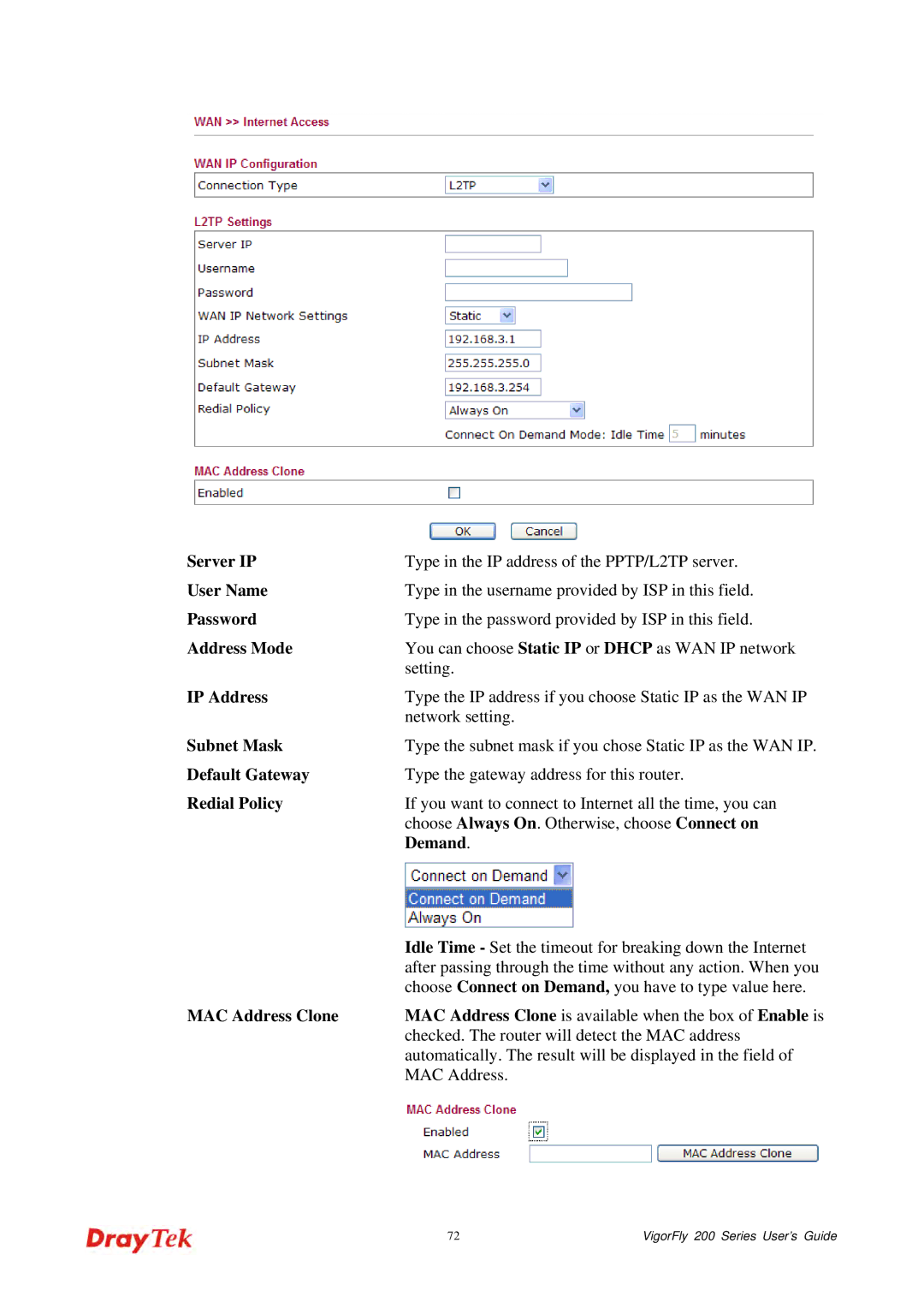 Draytek 200 manual Server IP, User Name 