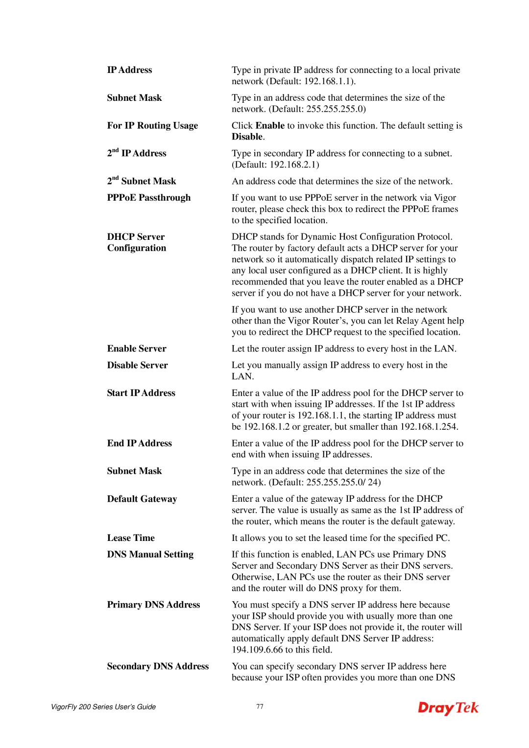 Draytek 200 manual 2nd IP Address, 2nd Subnet Mask 