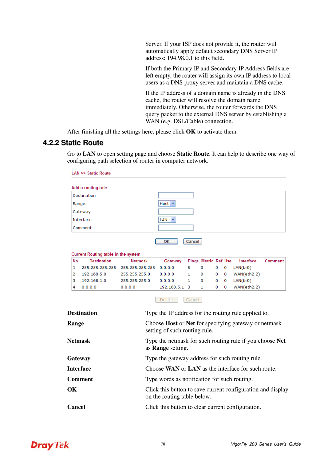 Draytek 200 manual Static Route, Destination, Range, Netmask, Gateway 