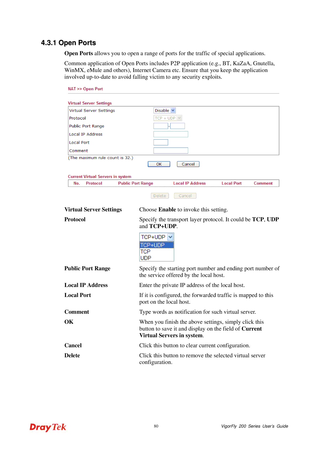 Draytek 200 manual Open Ports 