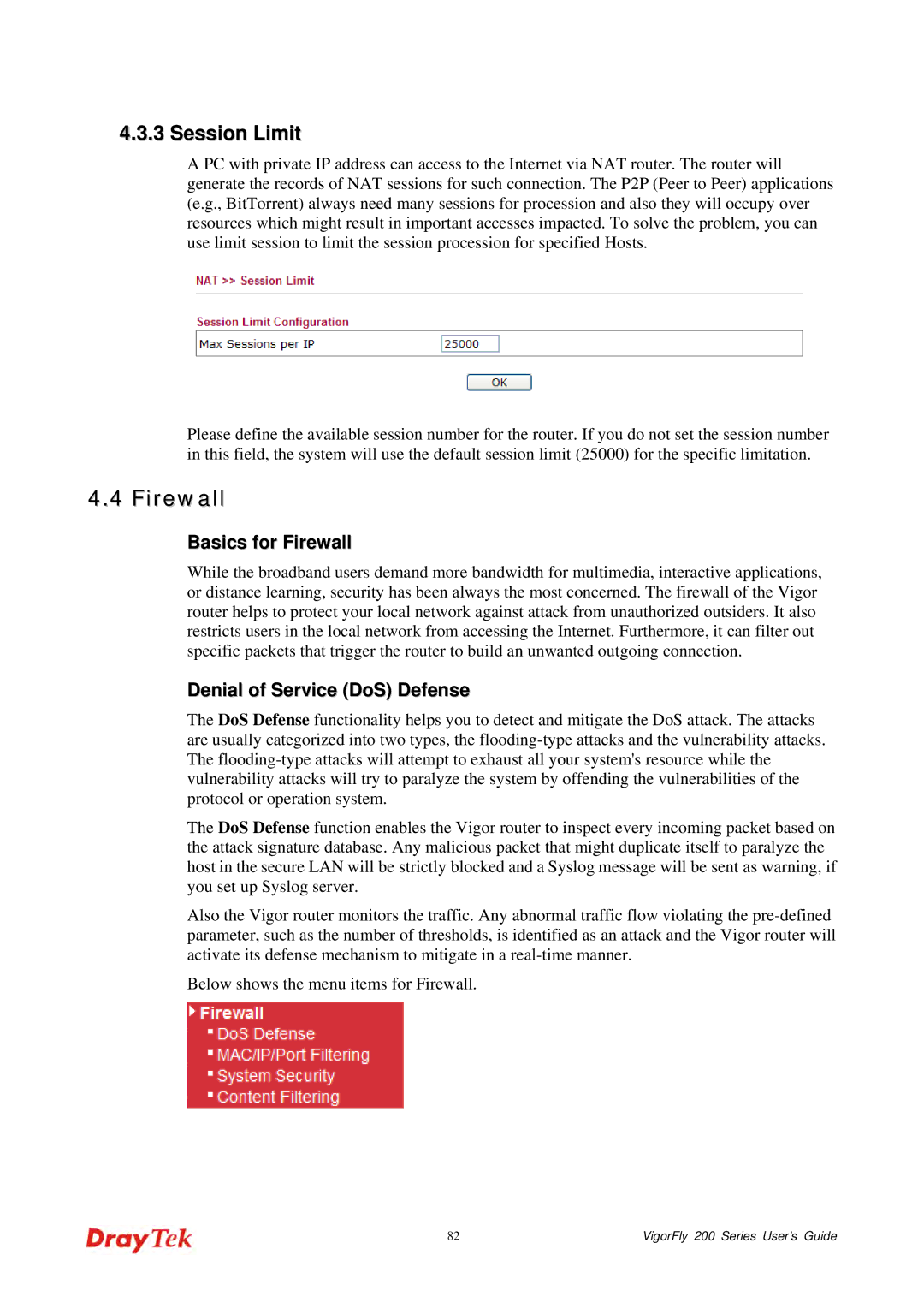 Draytek 200 manual Session Limit, Basics for Firewall, Denial of Service DoS Defense 