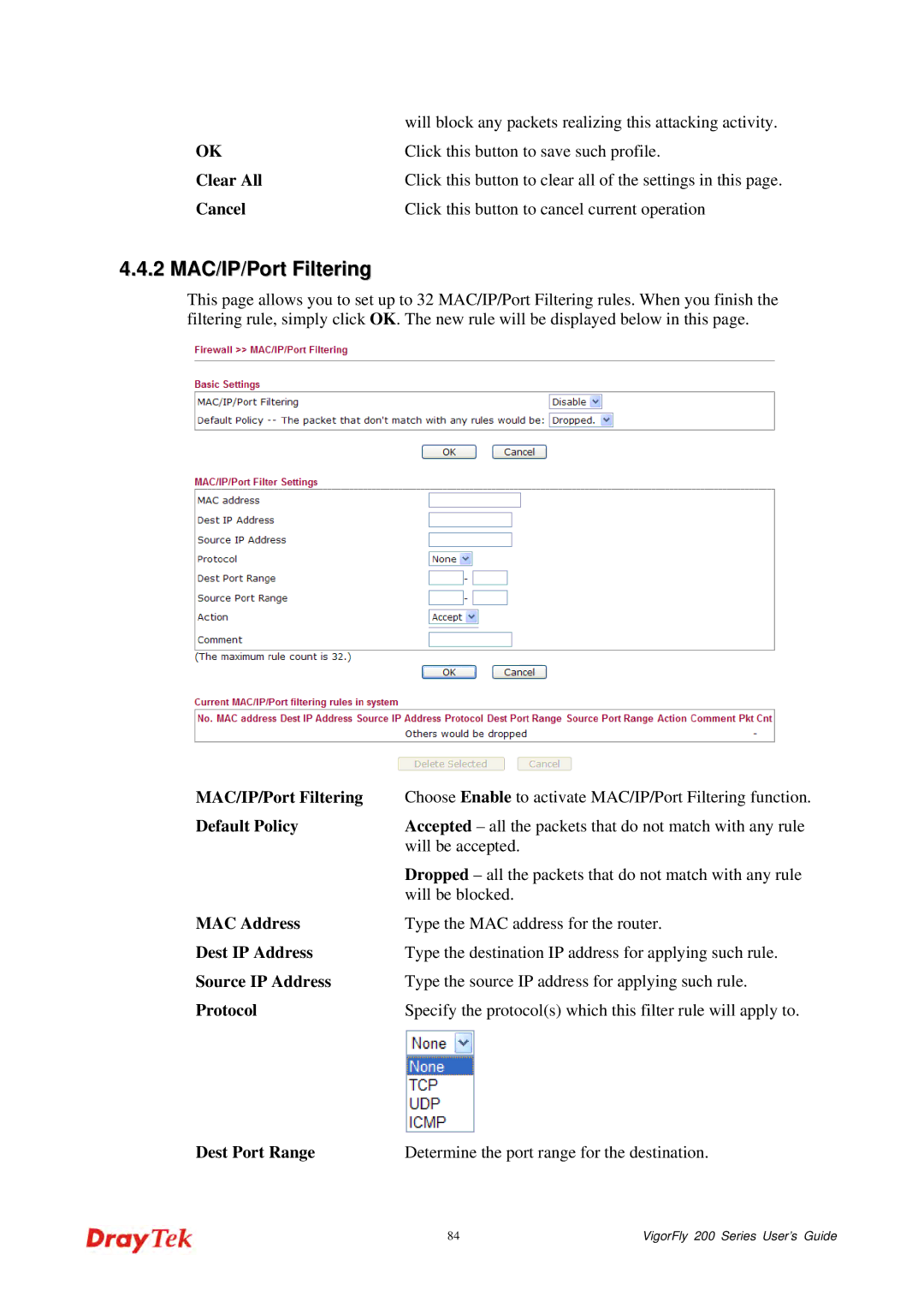 Draytek 200 manual 2 MAC/IP/Port Filtering 