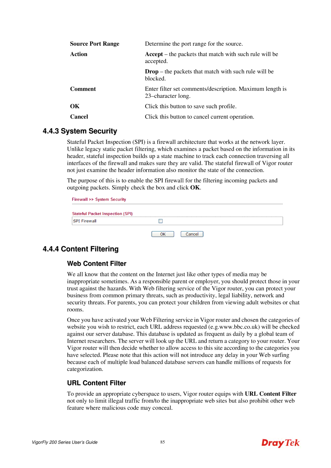 Draytek 200 manual System Security, Content Filtering, Web Content Filter, URL Content Filter 