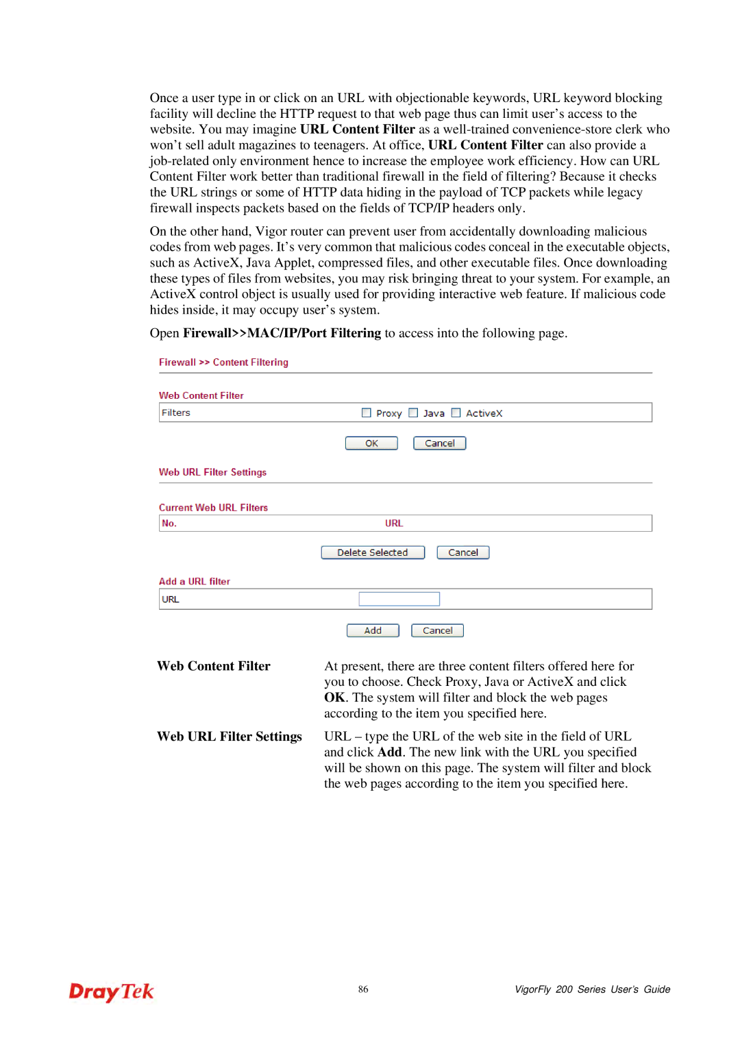 Draytek 200 manual Web Content Filter, Web URL Filter Settings 