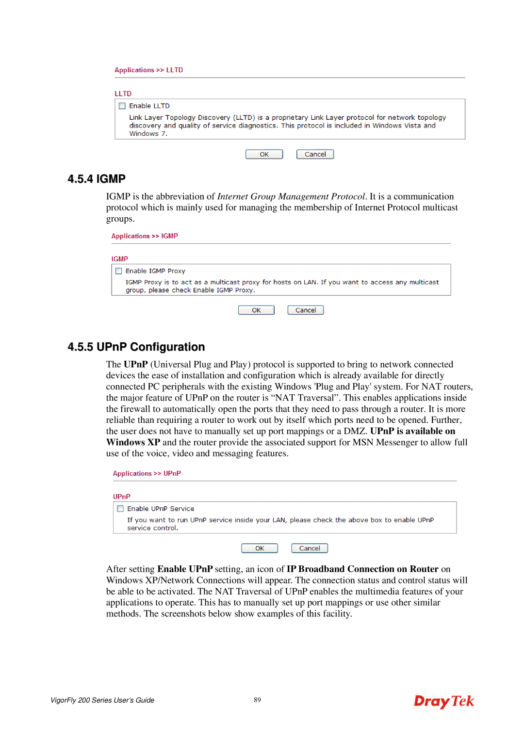 Draytek 200 manual Igmp, UPnP Configuration 