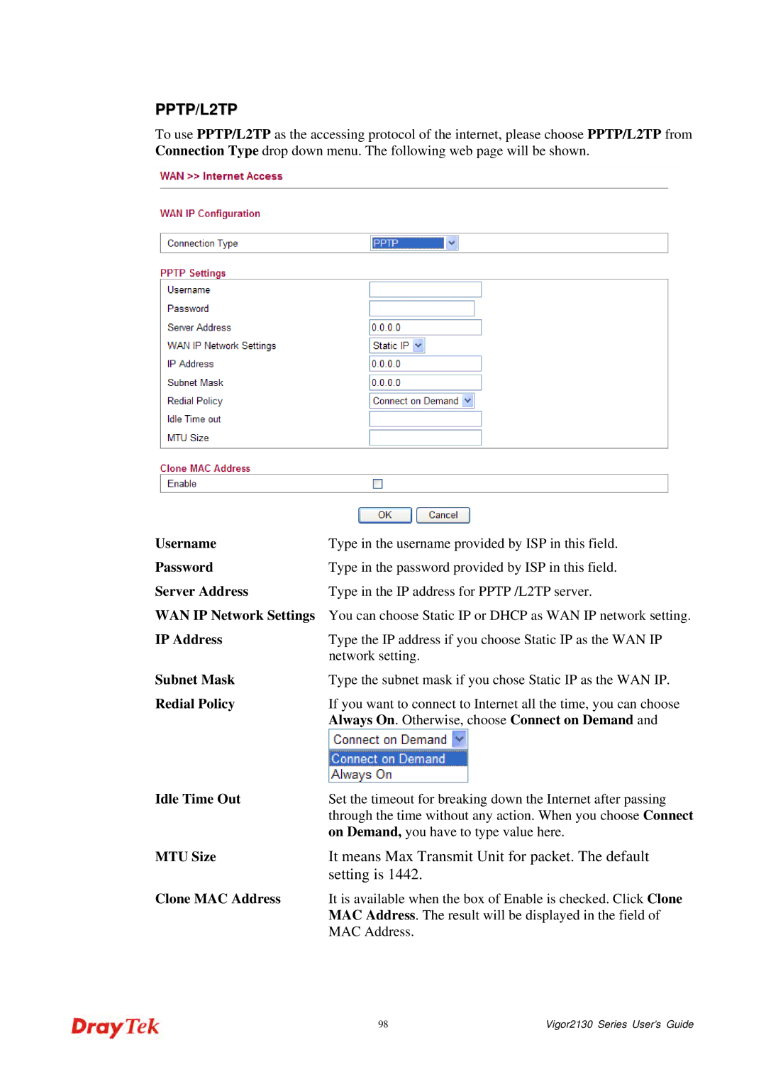 Draytek 2130 manual PPTP/L2TP 