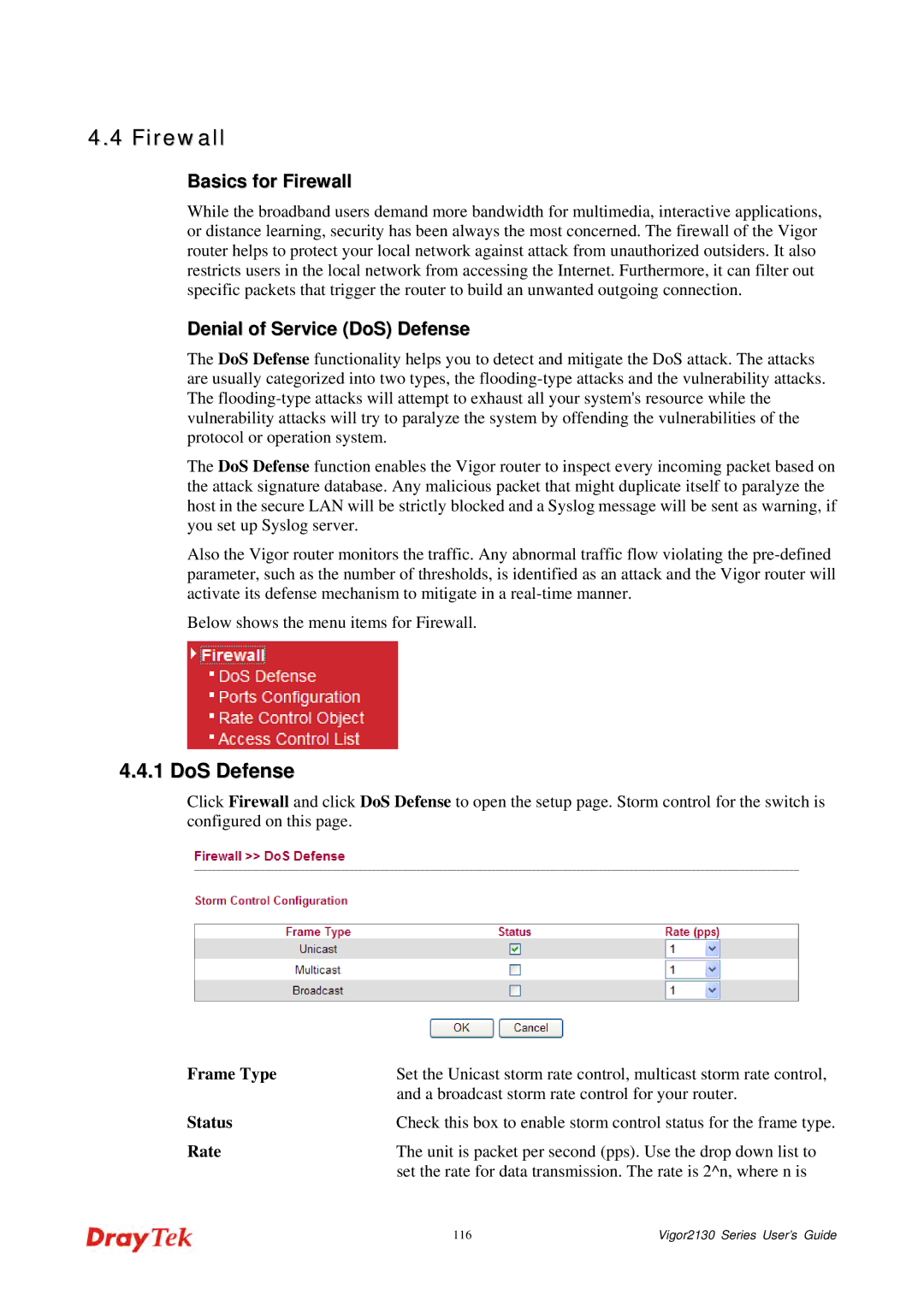 Draytek 2130 manual Basics for Firewall, Denial of Service DoS Defense 