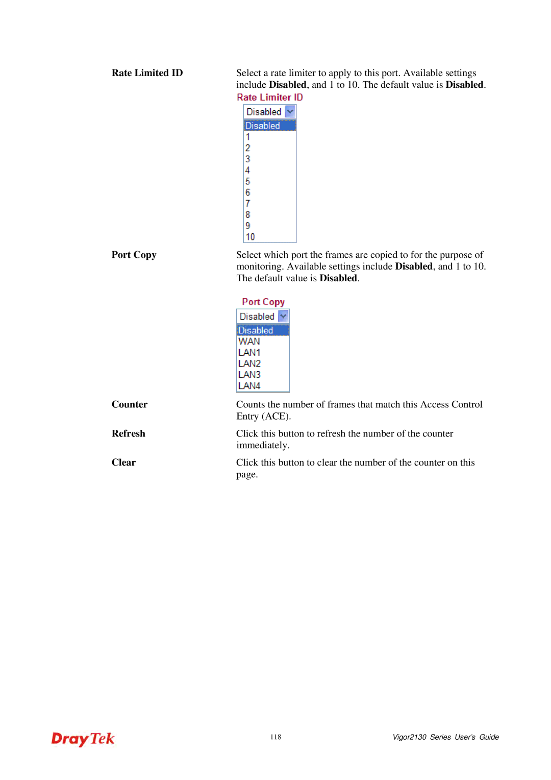 Draytek 2130 manual Rate Limited ID, Port Copy, Counter 