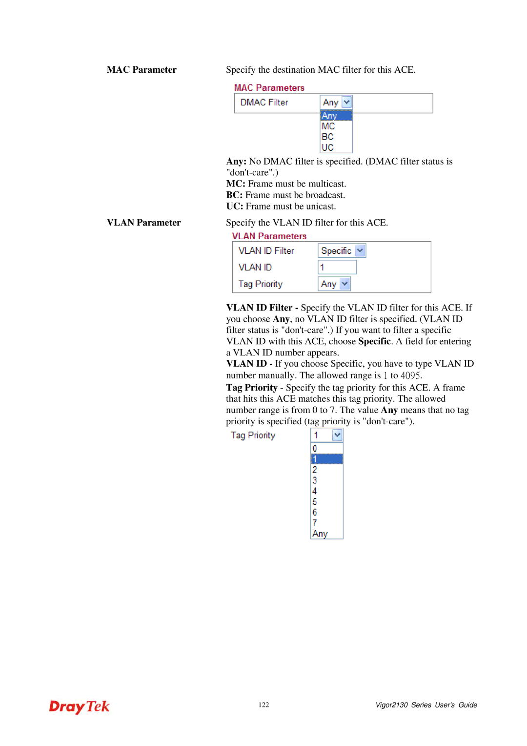 Draytek 2130 manual Vlan Parameter 