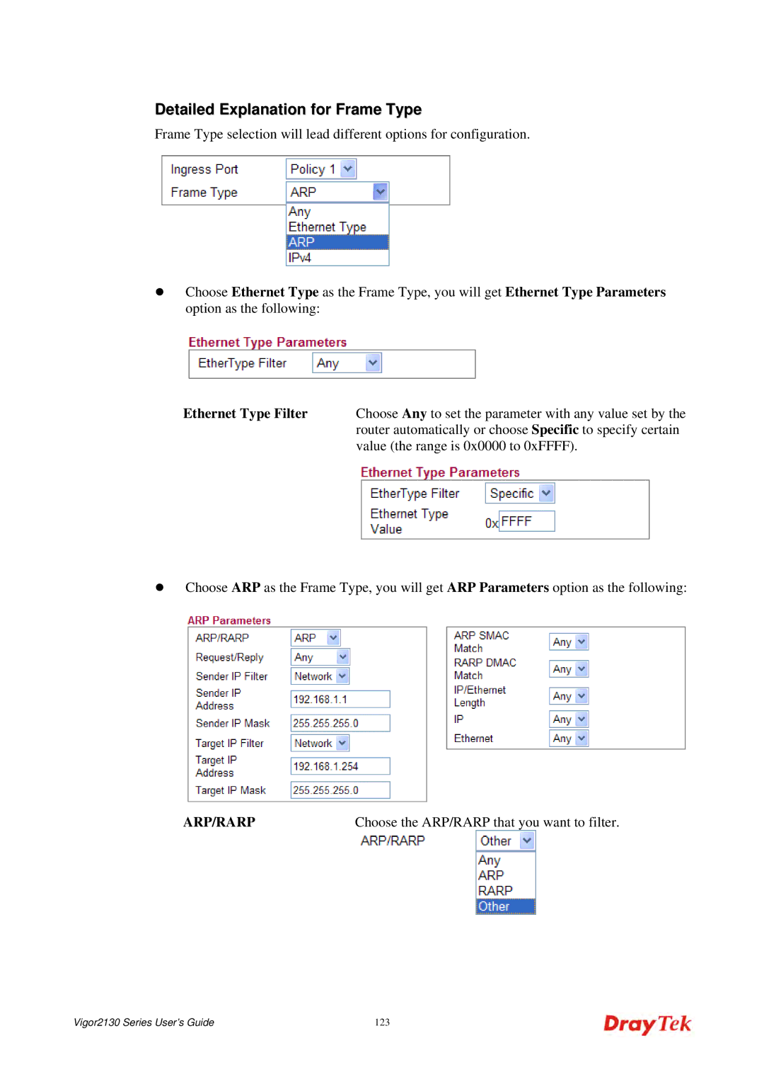 Draytek 2130 manual Detailed Explanation for Frame Type, Ethernet Type Filter 