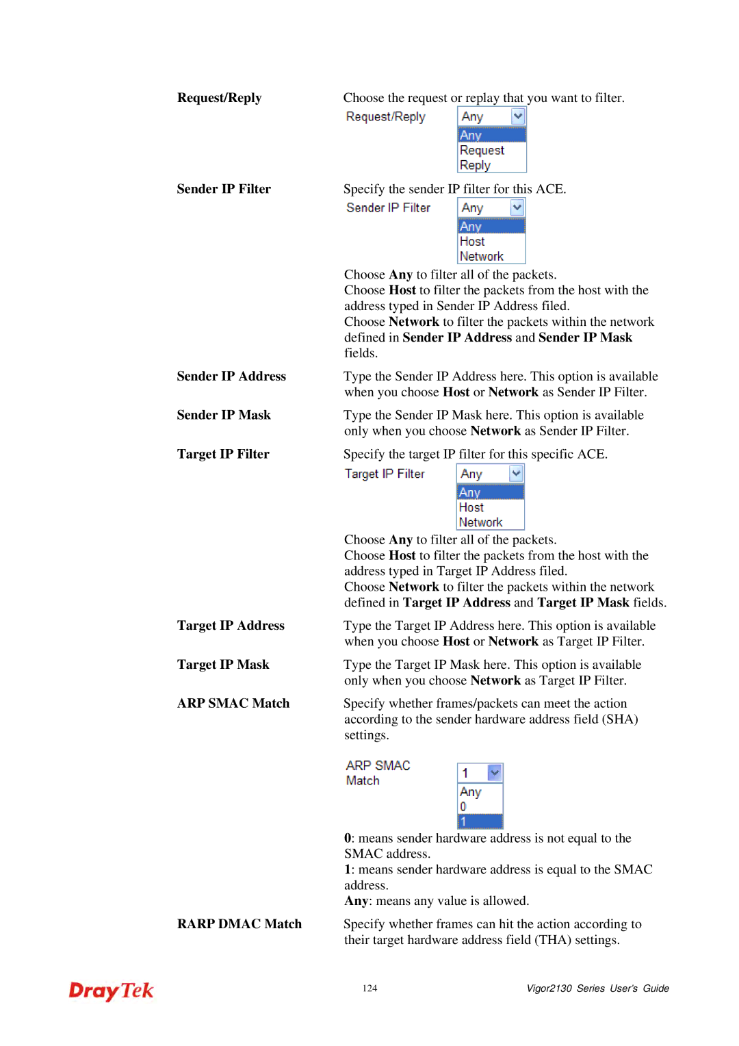 Draytek 2130 manual Request/Reply, Sender IP Filter, Defined in Sender IP Address and Sender IP Mask, Target IP Filter 