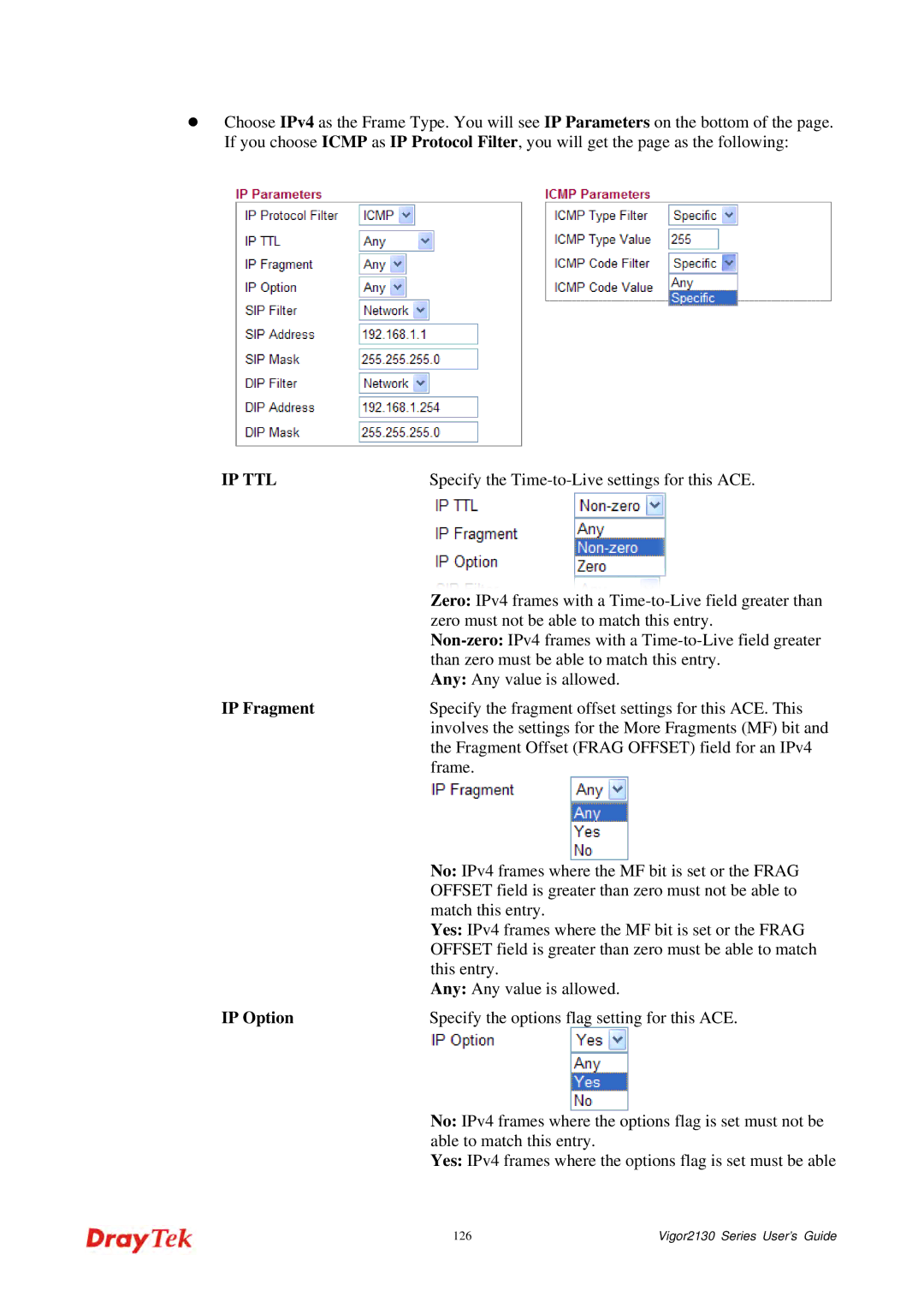 Draytek 2130 manual IP Fragment, IP Option 