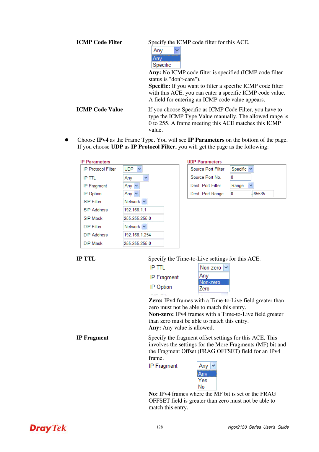 Draytek 2130 manual Icmp Code Filter, Icmp Code Value 