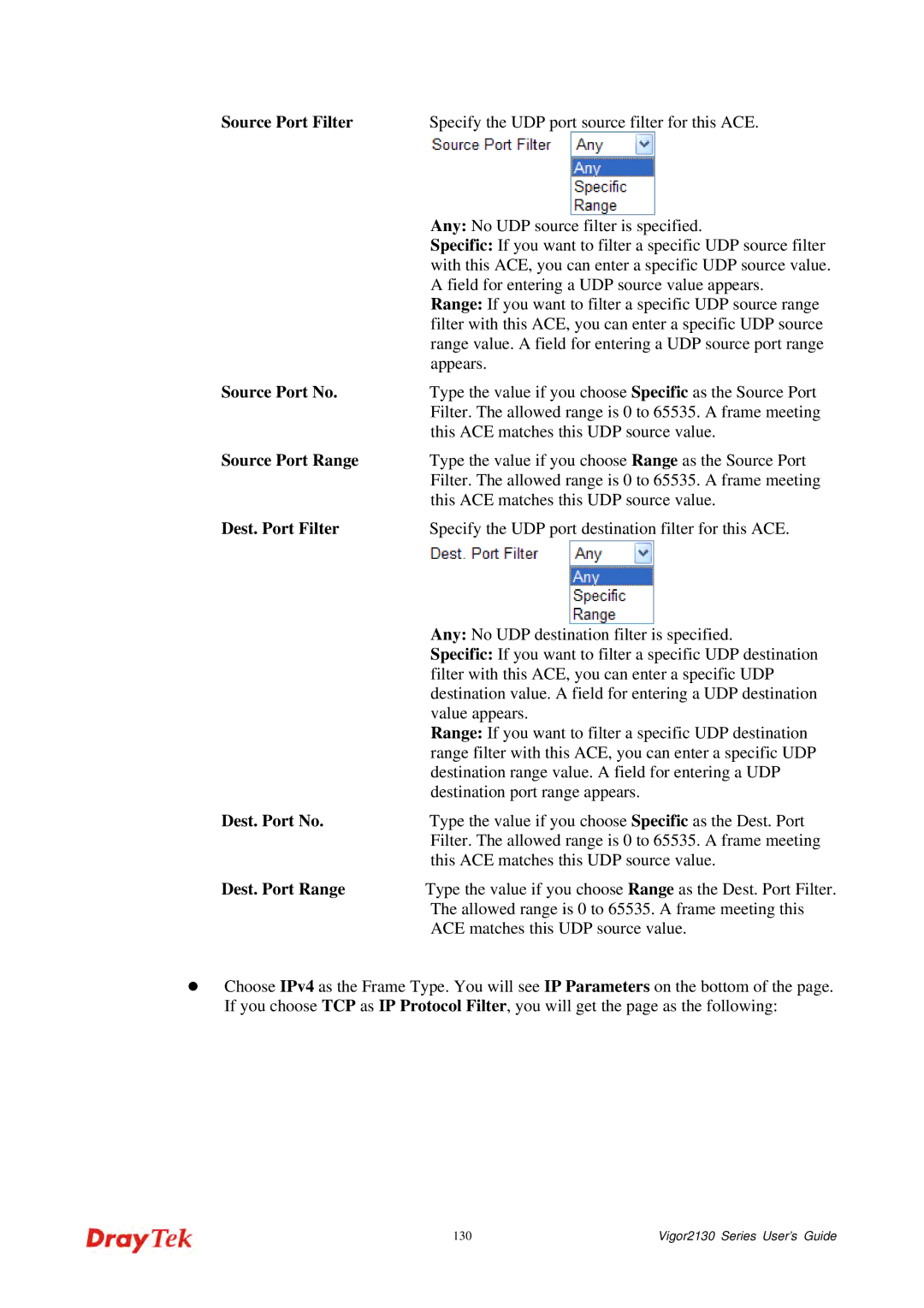 Draytek 2130 manual Source Port Filter, Source Port No, Source Port Range, Dest. Port Filter 