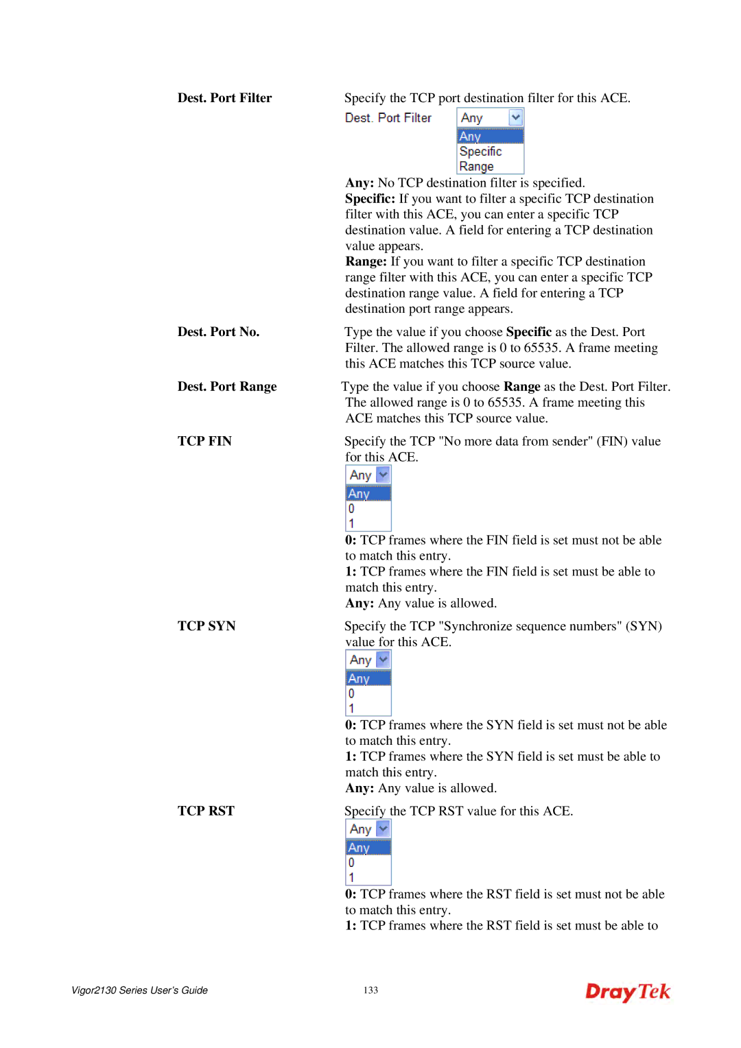 Draytek 2130 manual Dest. Port No, Dest. Port Range 