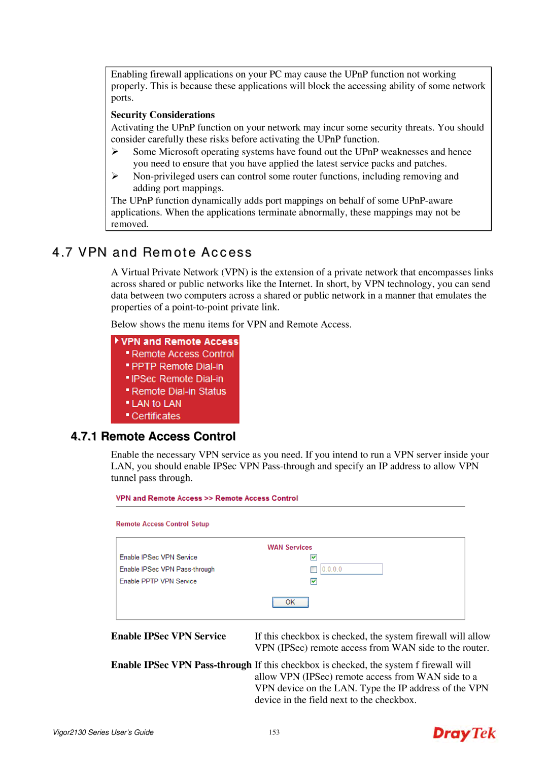 Draytek 2130 manual VPN and Remote Access, Remote Access Control 