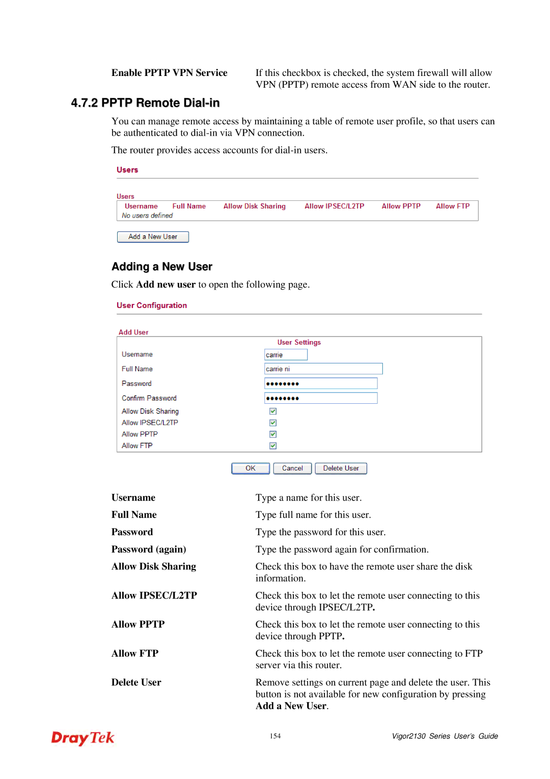 Draytek 2130 manual Pptp Remote Dial-in, Allow Pptp, Delete User, Add a New User 