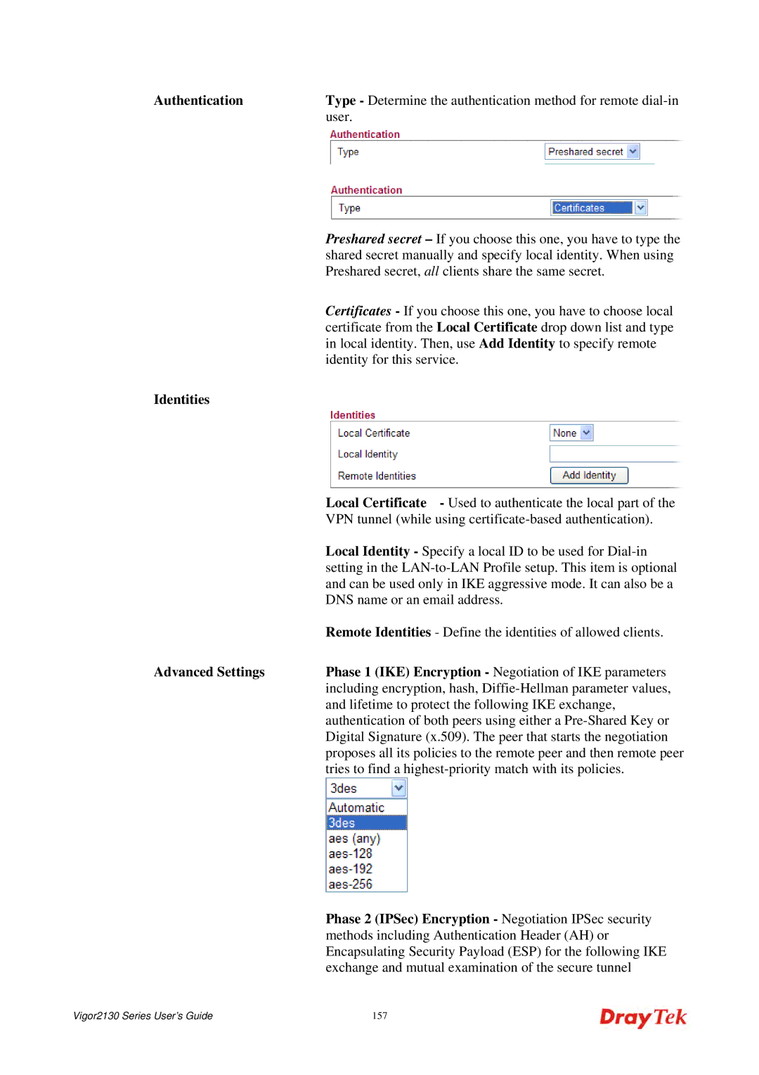 Draytek 2130 manual Authentication, Identities, Advanced Settings 