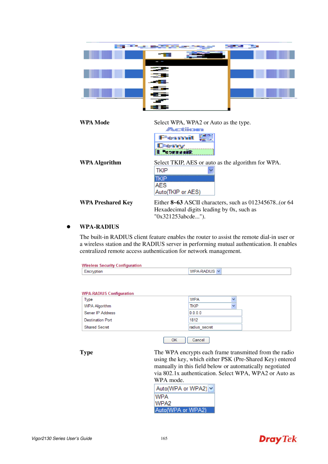 Draytek 2130 manual WPA Mode, WPA Preshared Key 