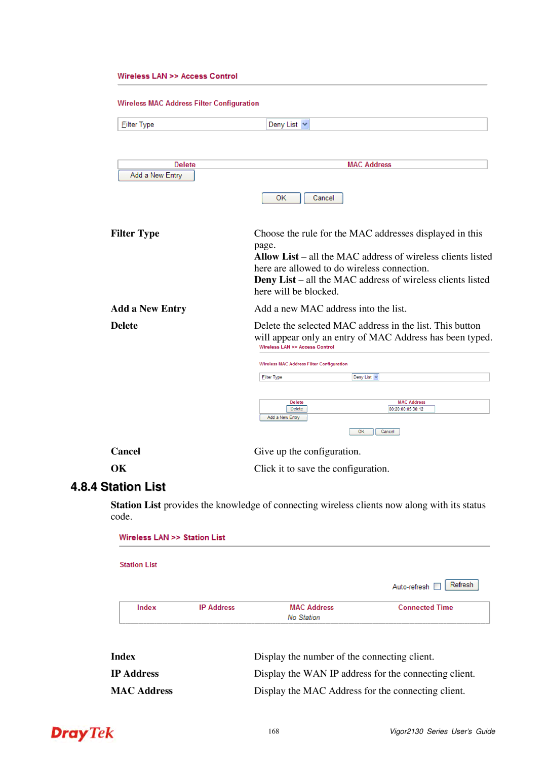 Draytek 2130 manual Allow List all the MAC address of wireless clients listed 