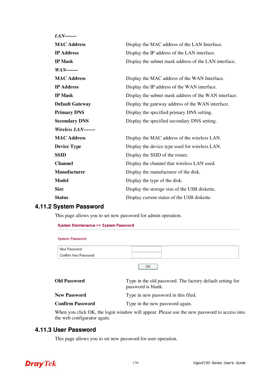 Draytek 2130 manual System Password, Ssid 