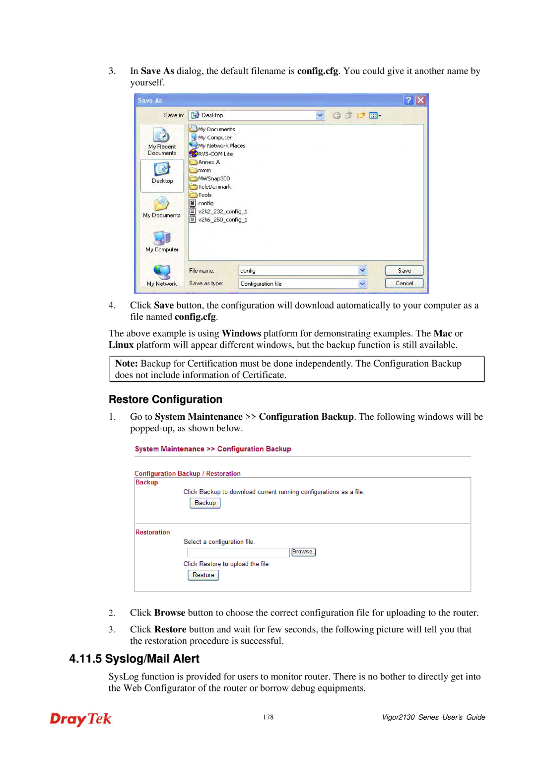 Draytek 2130 manual Syslog/Mail Alert, Restore Configuration 