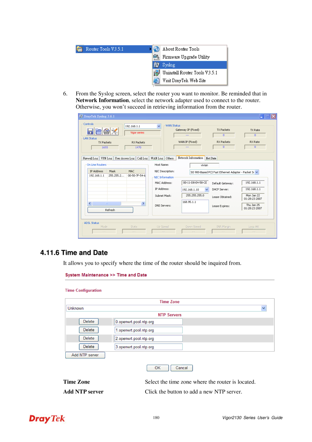 Draytek 2130 manual Time and Date, Add NTP server Click the button to add a new NTP server 