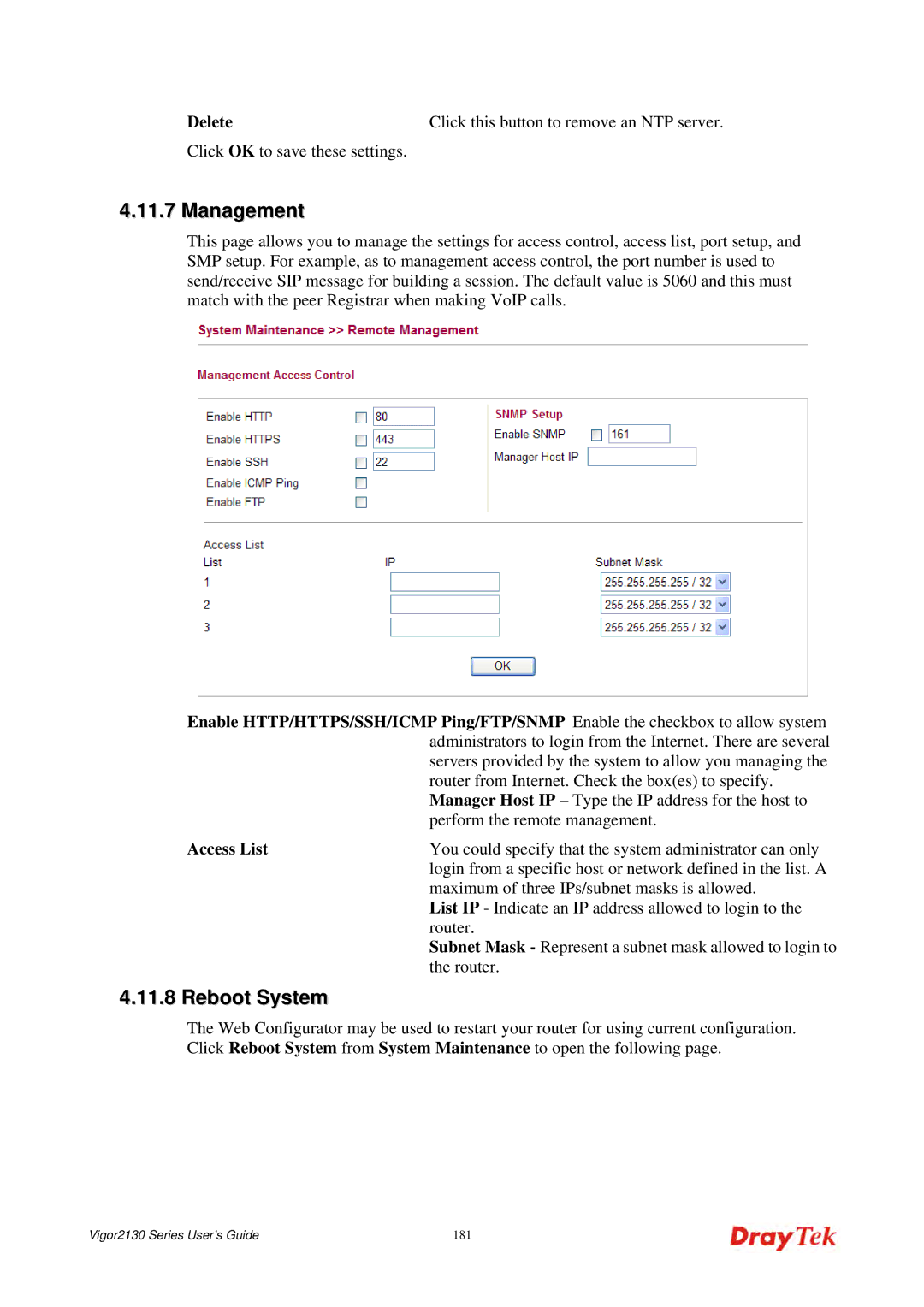 Draytek 2130 manual Click this button to remove an NTP server 