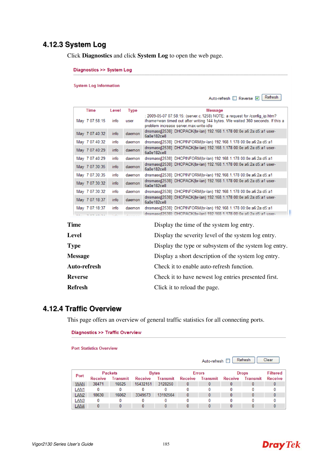 Draytek 2130 manual System Log, Traffic Overview 