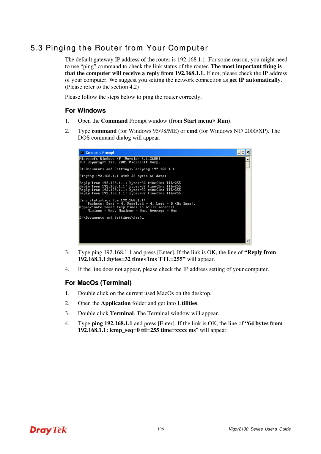 Draytek 2130 manual Pinging the Router from Your Computer, For MacOs Terminal 