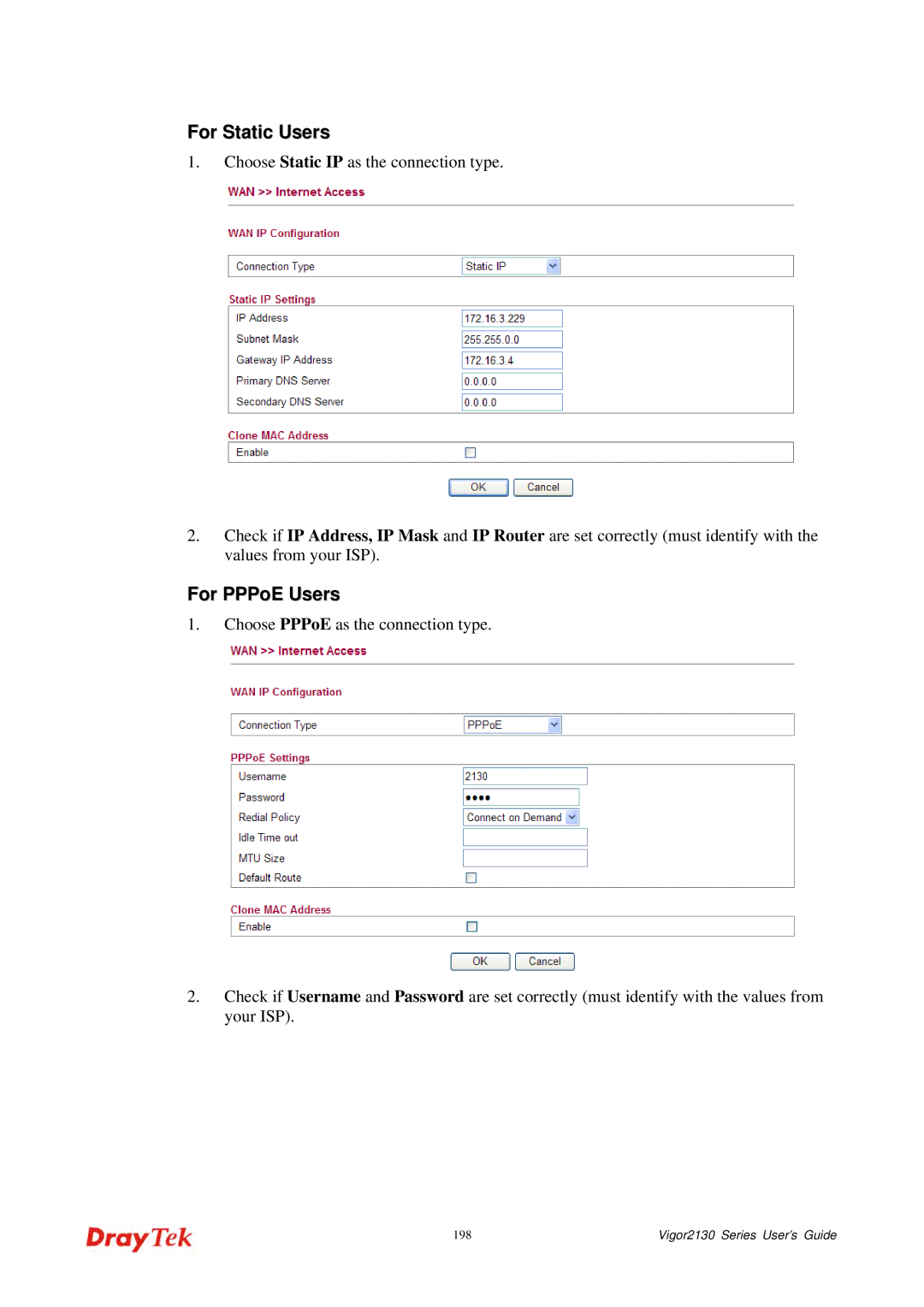 Draytek 2130 manual For Static Users, For PPPoE Users 