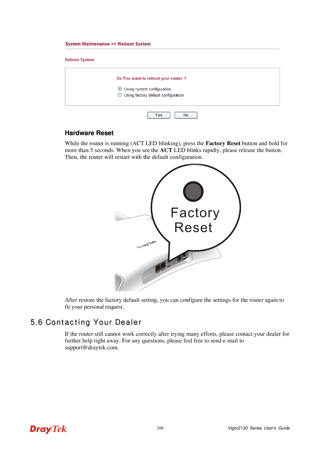 Draytek 2130 manual Contacting Your Dealer, Hardware Reset 