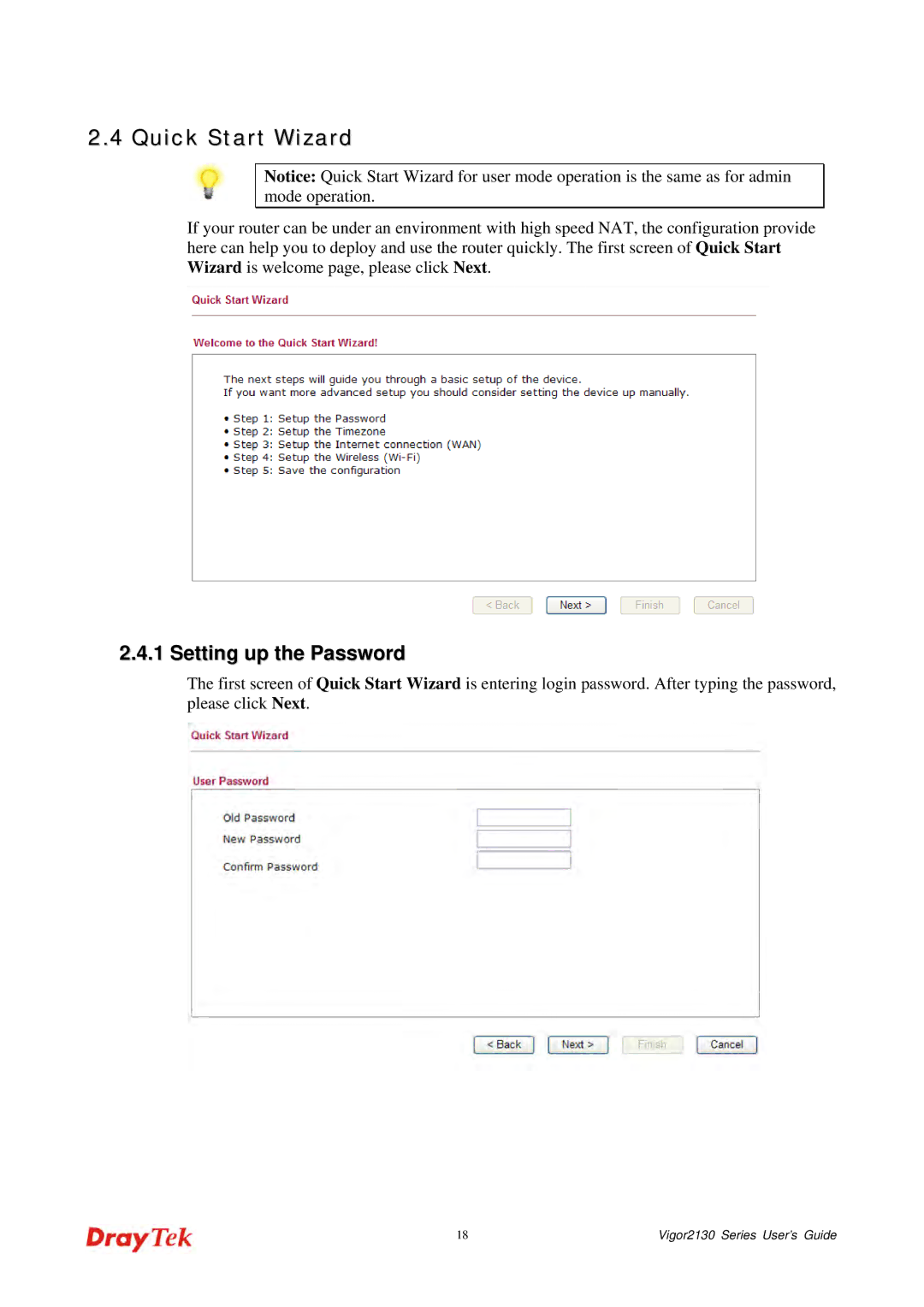 Draytek 2130 manual Quick Start Wizard, Setting up the Password 