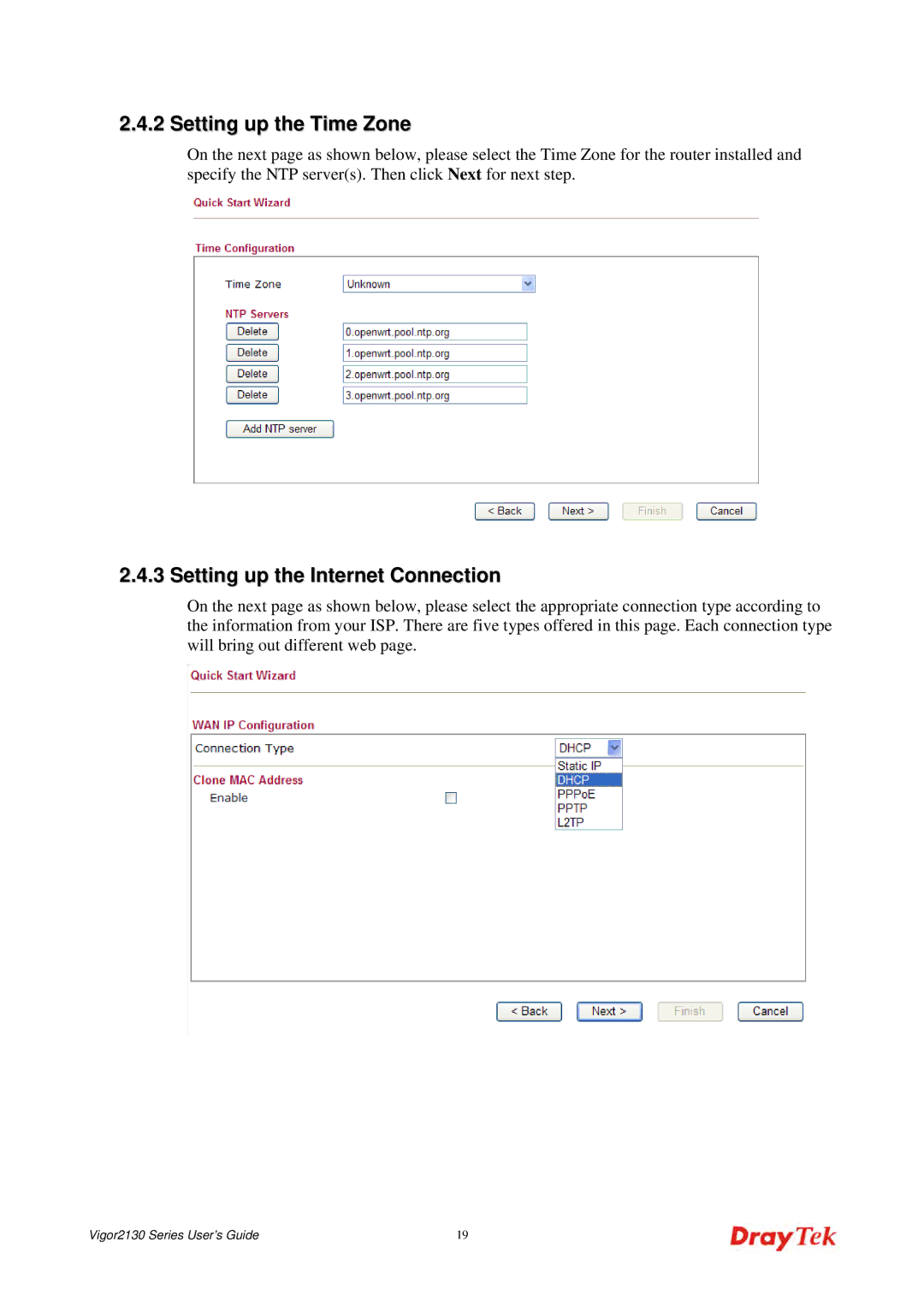 Draytek 2130 manual Setting up the Time Zone, Setting up the Internet Connection 