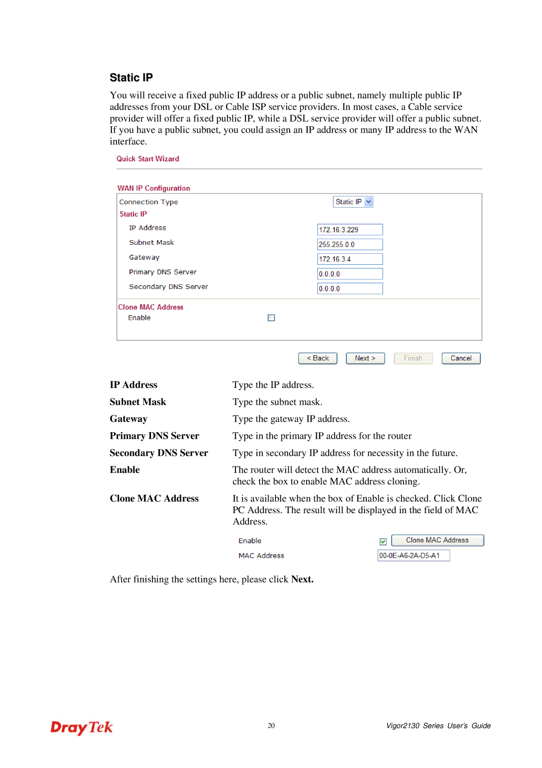 Draytek 2130 manual Static IP 