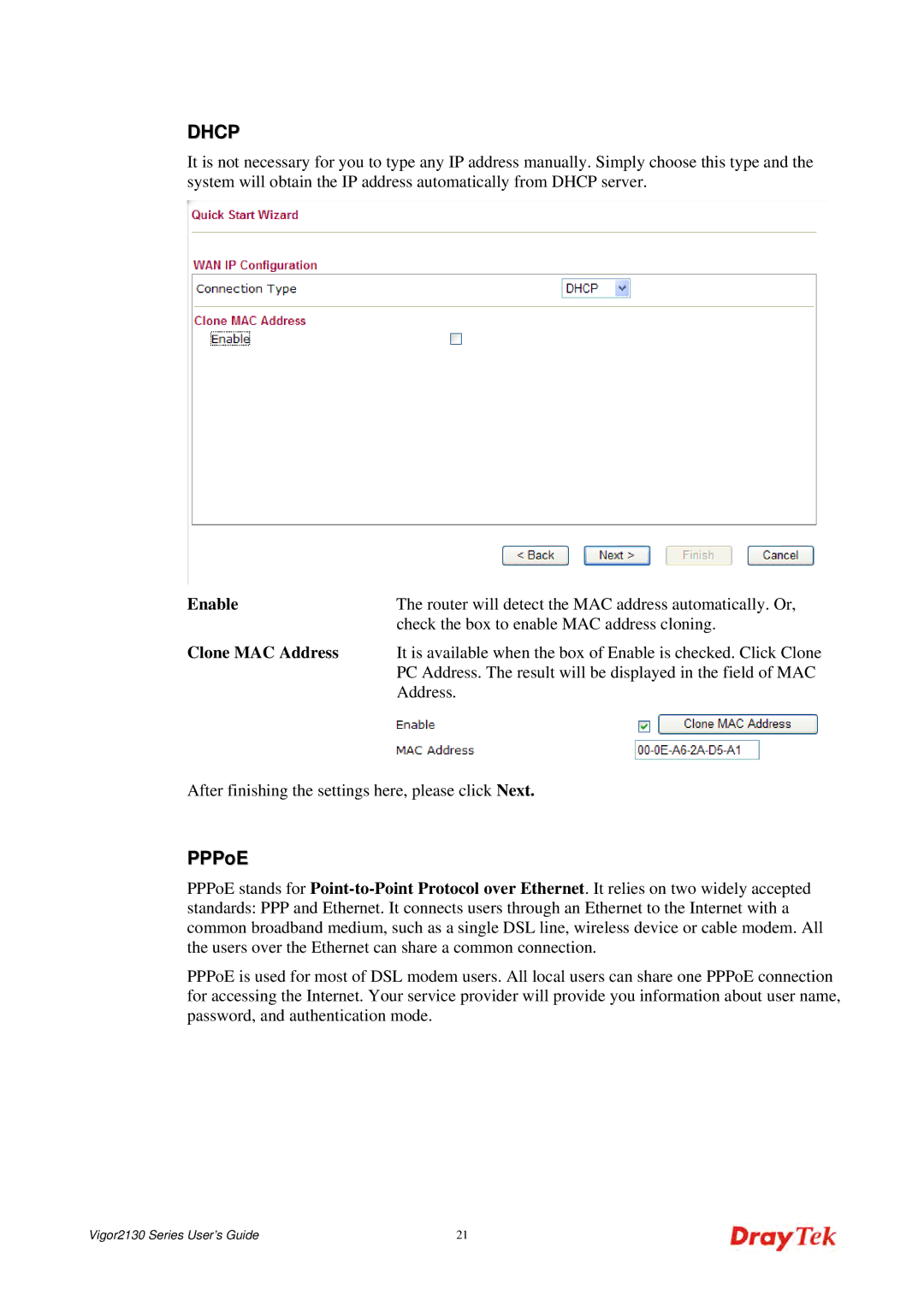 Draytek 2130 manual Dhcp, PPPoE 