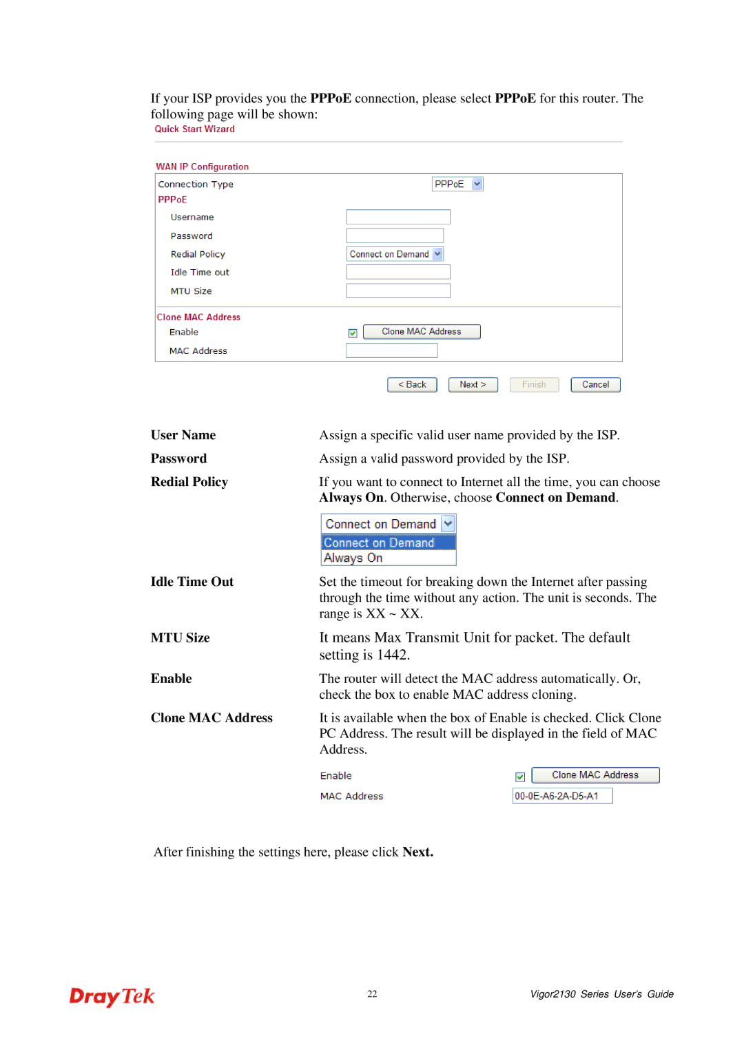 Draytek 2130 manual Setting is, MTU Size 