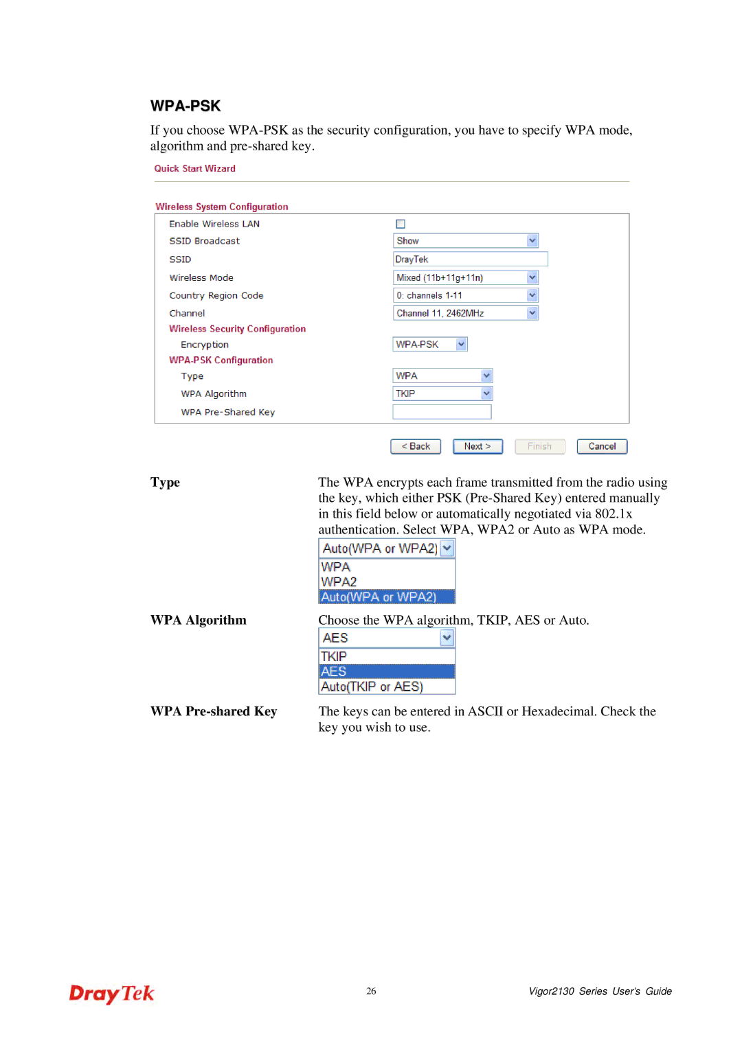 Draytek 2130 manual Type, WPA Algorithm, WPA Pre-shared Key, Key you wish to use 