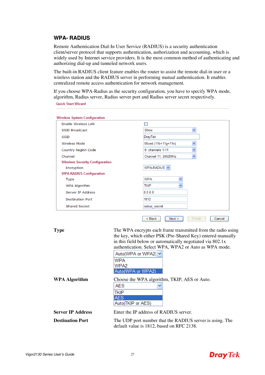 Draytek 2130 manual WPA- Radius, Default value is 1812, based on RFC 