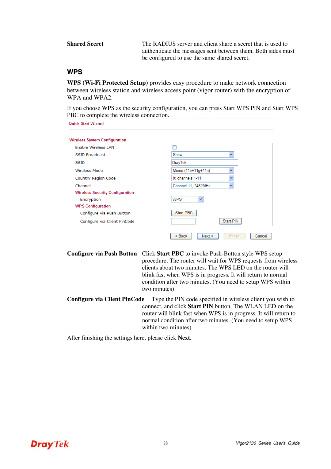 Draytek 2130 manual Wps, Shared Secret 