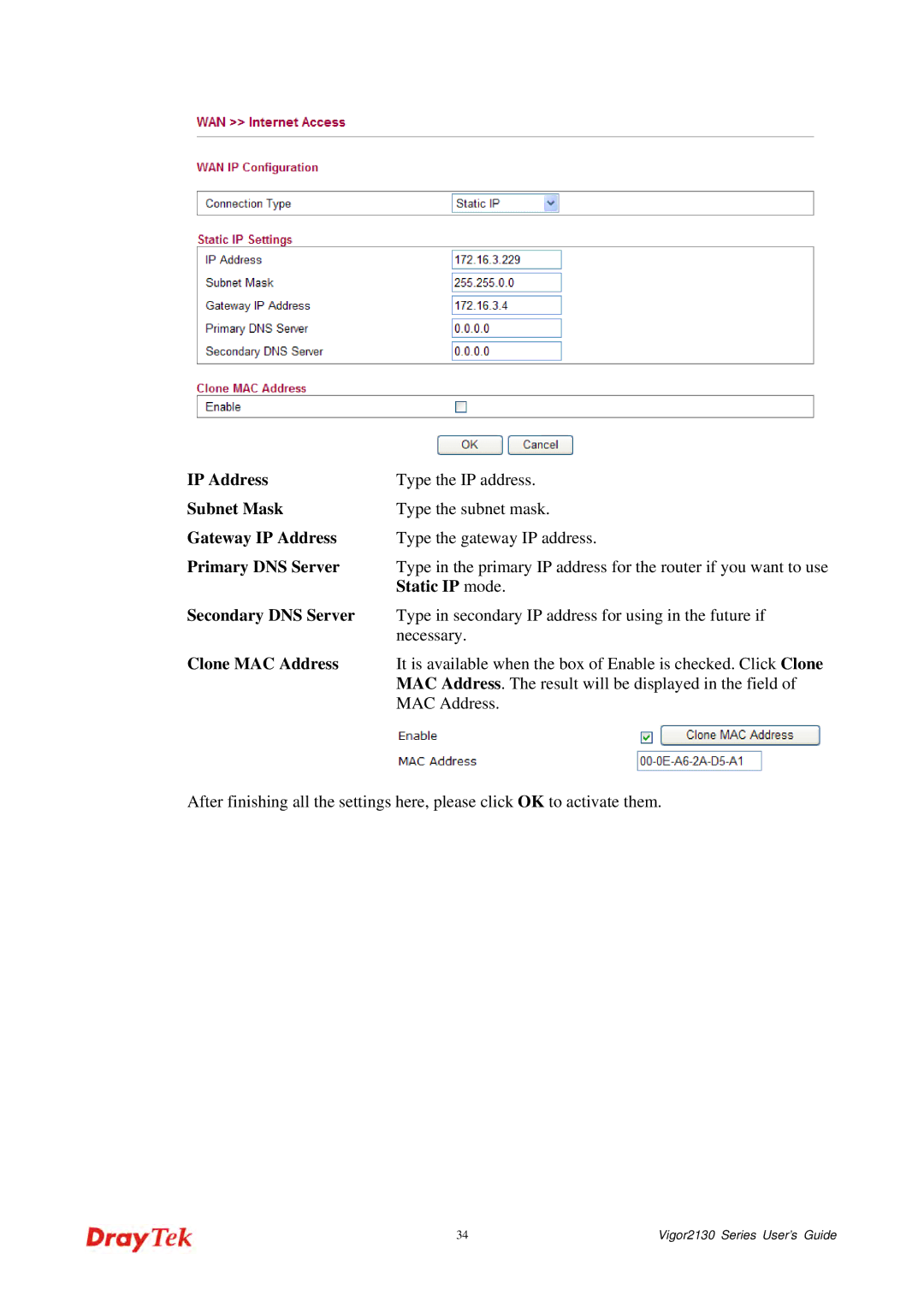 Draytek 2130 manual Static IP mode 